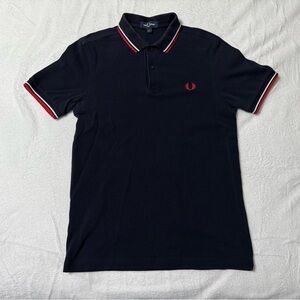 Fred Perry Mens Small Navy Blue Polo Shirt Cotton Casual Red White Striped